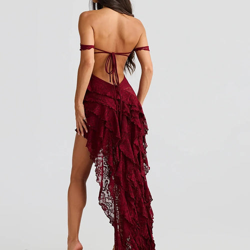 Load image into Gallery viewer, Lace Ruffle Sexy Maxi Dress Women Fashion Summer Off-shoulder Strapless Sleeveless Backless Beach Holiday Club Dress
