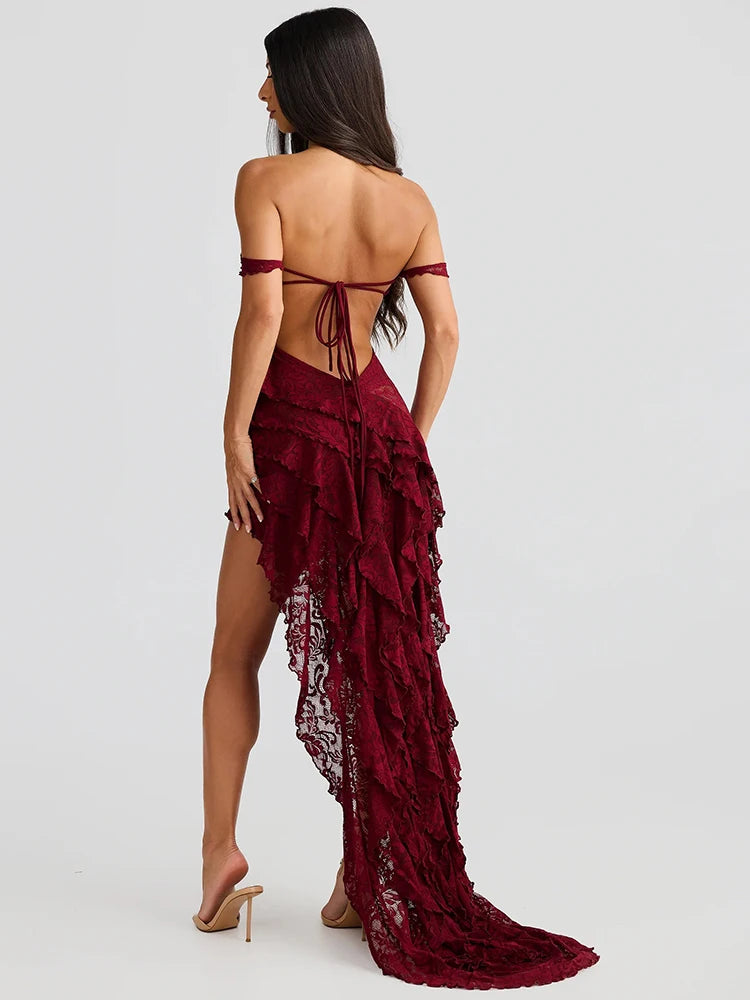 Lace Ruffle Sexy Maxi Dress Women Fashion Summer Off-shoulder Strapless Sleeveless Backless Beach Holiday Club Dress