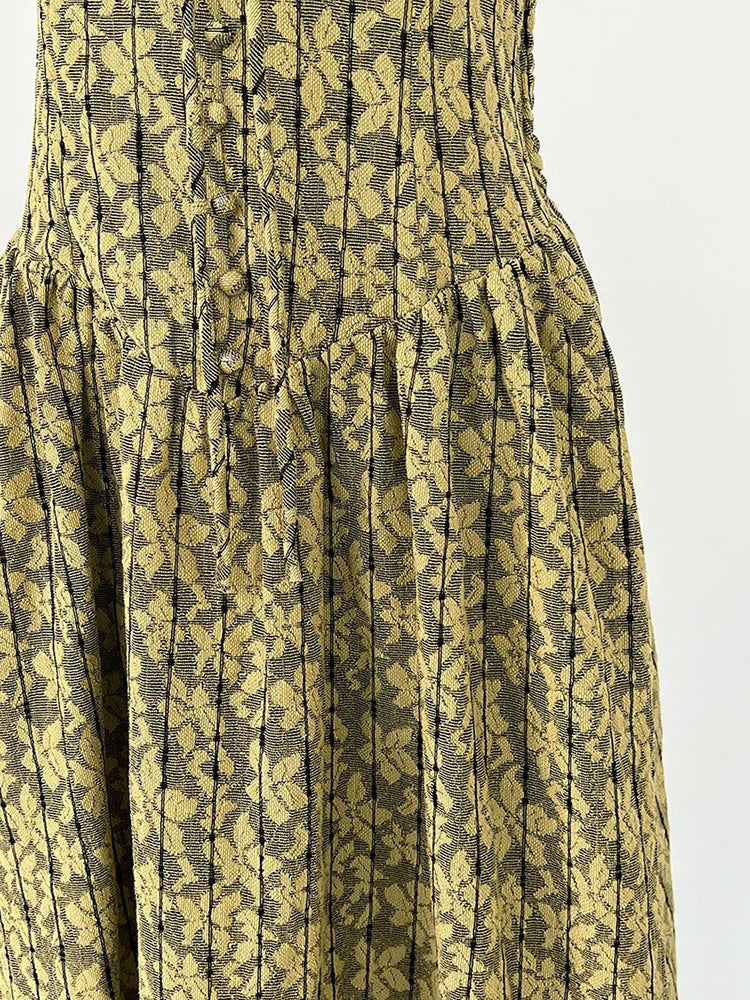 Women Green Printed Bandage Long Spaghetti Strap Dress New V-Neck Sleeveless Fashion Tide Spring Summer 2025 1DJ1311