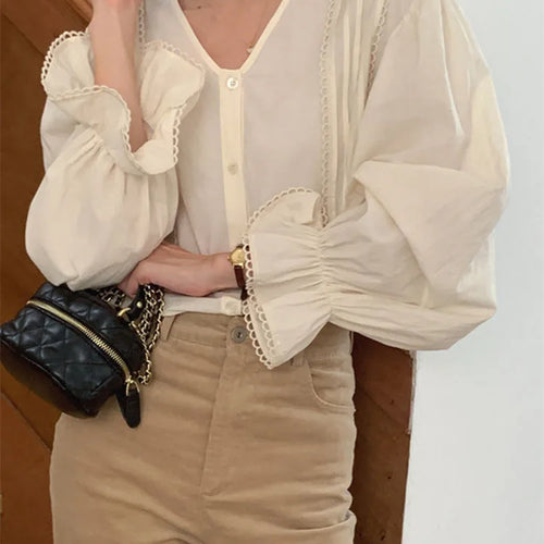 Load image into Gallery viewer, Vintage French Style Fashion Blouses Female Begie Office Ladies Shirts Elegant Spring Summer Blouses Women Chic Wild Tops
