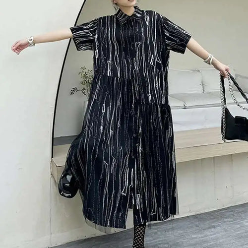 Load image into Gallery viewer, Women Black White Tie Dye Mesh Big Size Midi Shirt Dress New Lapel Short Sleeve Fashion Tide Spring Summer 2025 1DH5962
