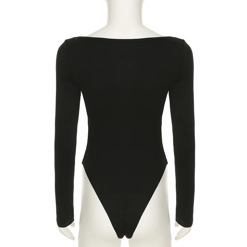 Sexy Black Hollow Out Skinny Bodysuit Women's Long Sleeve One Piece Clothing Open Crotch Design Beachwear Hot Rompers