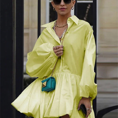 Load image into Gallery viewer, Fashion Pink Lapel Shirts Dress For Women Long Puff Sleeves Pleated American Retro Mini Dresses Office Lady
