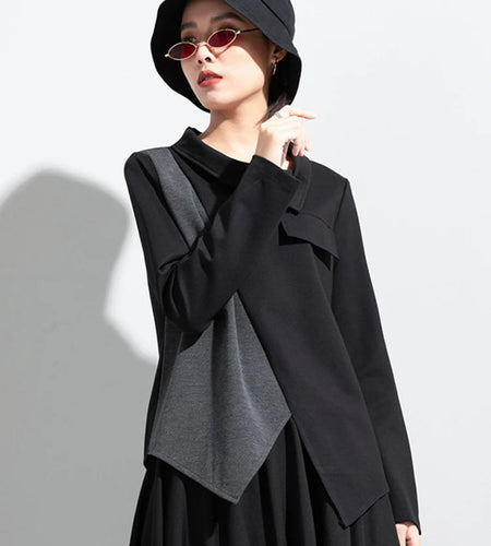 Women Black Gray Color-block Irregular Big Size T-shirt New Lapel Long Sleeve Fashion Tide Spring Autumn 2025 1DJ1830