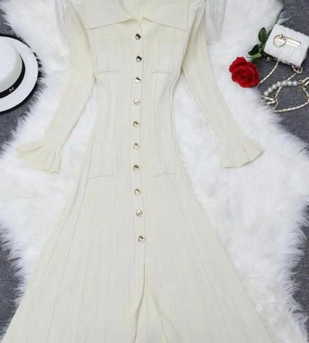 Autumn New 2024 French Black Elegant Single Breasted Long Sleeve Knit Dresses For Women Beige Slim Fashion Ruffles Pleated Dress