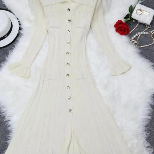 Load image into Gallery viewer, Autumn New 2024 French Black Elegant Single Breasted Long Sleeve Knit Dresses For Women Beige Slim Fashion Ruffles Pleated Dress
