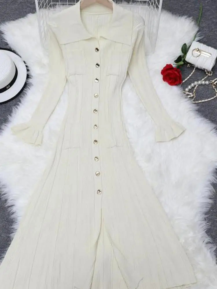 Autumn New 2024 French Black Elegant Single Breasted Long Sleeve Knit Dresses For Women Beige Slim Fashion Ruffles Pleated Dress