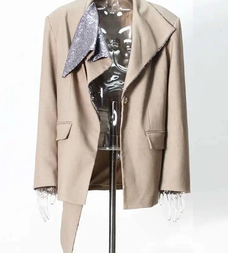Women Khaki Sequins Spliced Irregular Big Size Blazer New Lapel Long Sleeve Jacket Fashion Tide Spring Autumn 2025 7AB8210