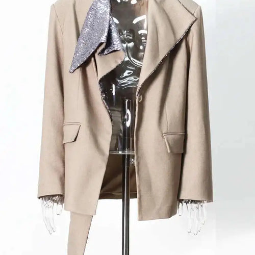 Load image into Gallery viewer, Women Khaki Sequins Spliced Irregular Big Size Blazer New Lapel Long Sleeve Jacket Fashion Tide Spring Autumn 2025 7AB8210
