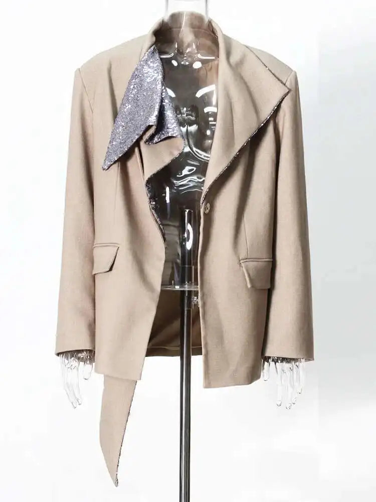 Women Khaki Sequins Spliced Irregular Big Size Blazer New Lapel Long Sleeve Jacket Fashion Tide Spring Autumn 2025 7AB8210