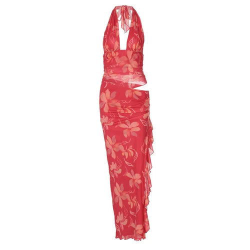 Load image into Gallery viewer, Halter Deep V Neck Ruffled Sexy Maxi Dress For Women Fashion Sleeveless Backless High Waist Bodycon Club Printed Dress
