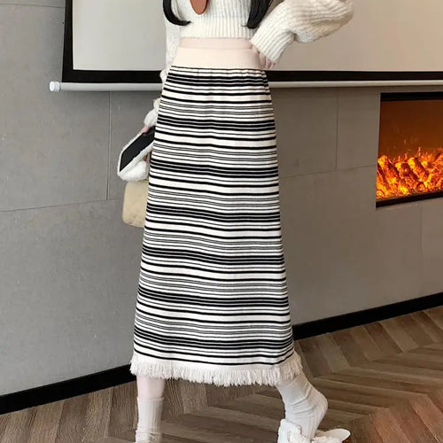 Load image into Gallery viewer, Vintage Women Black Beige Striped Tassel Elegant High Waist Party Long Skirt 2024 Autumn Winter Straight Wrap Hip Knitted Skirts
