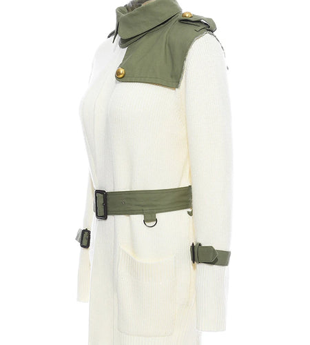 Beige Spliced Belted Knitting Cardigan Sweater Stand Collar Long Sleeve Women New Fashion Tide Spring Autumn 2025 1DH5643