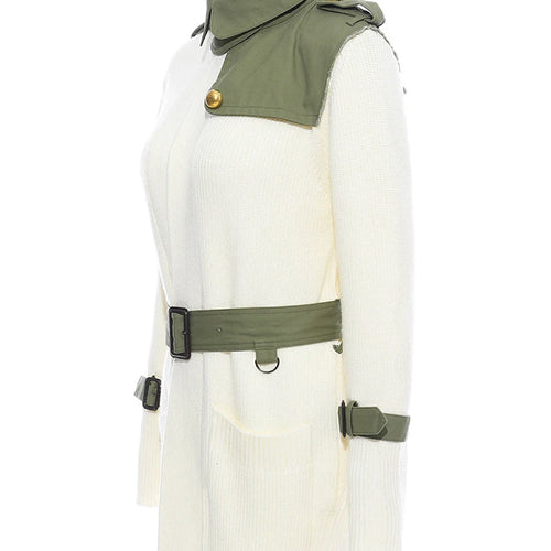 Load image into Gallery viewer, Beige Spliced Belted Knitting Cardigan Sweater Stand Collar Long Sleeve Women New Fashion Tide Spring Autumn 2025 1DH5643
