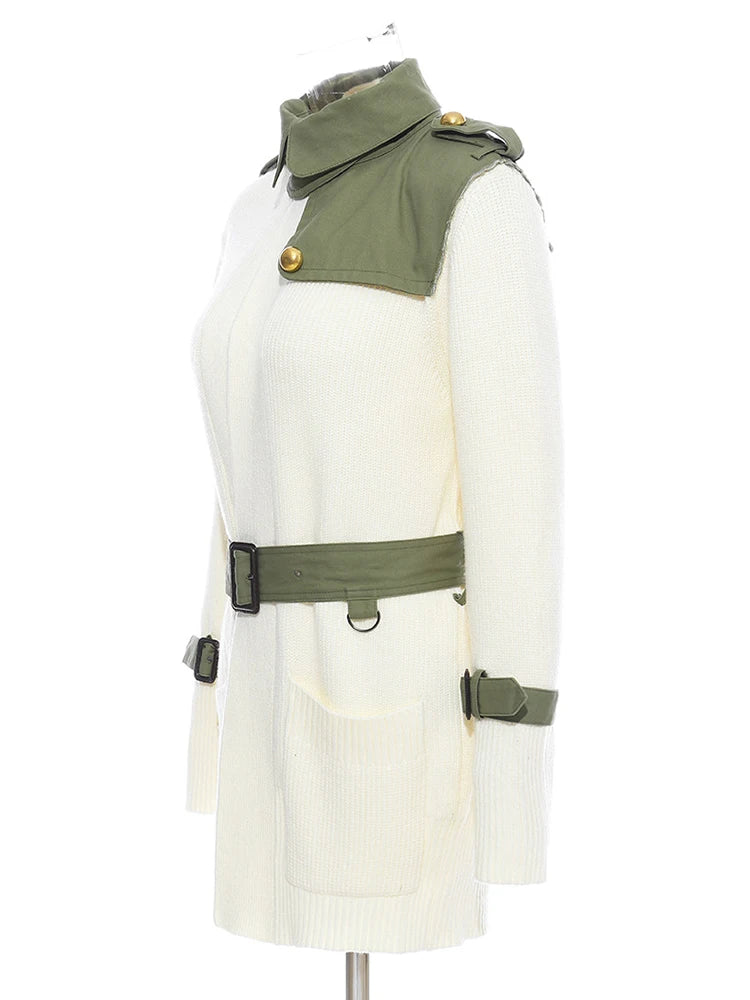 Beige Spliced Belted Knitting Cardigan Sweater Stand Collar Long Sleeve Women New Fashion Tide Spring Autumn 2025 1DH5643