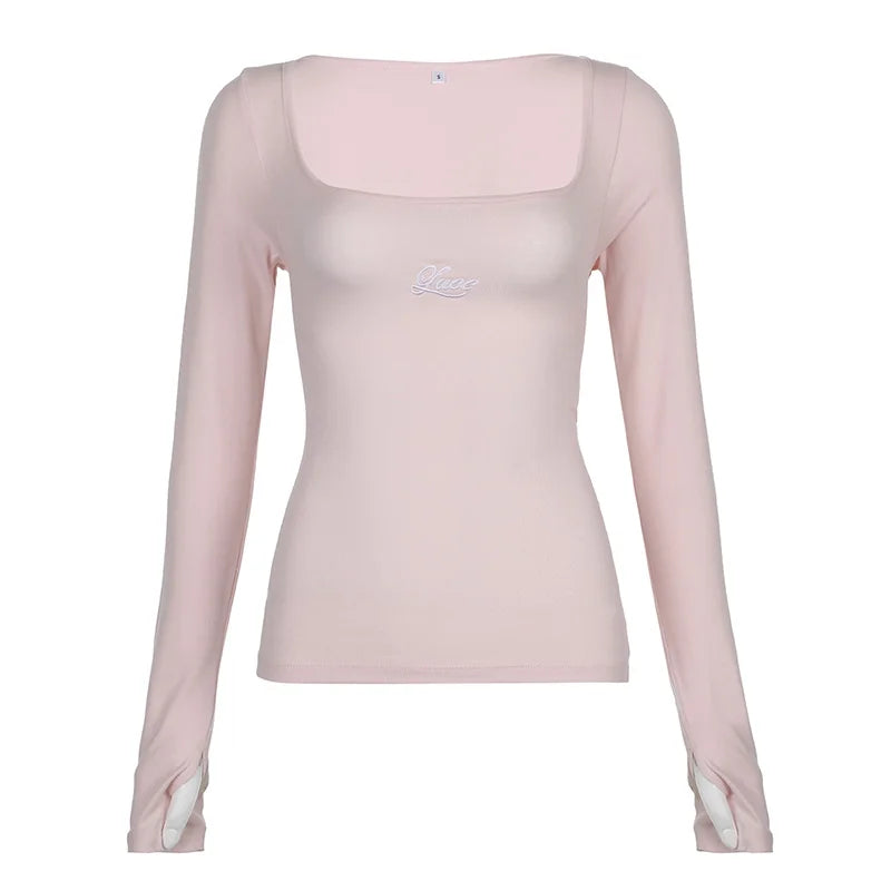 Sweet Pink Slim Autumn Tee Shirt Basic Japanese Y2K Korean Top Lace Up Cottagecore Tshirts Bandage Long Sleeve Kawaii