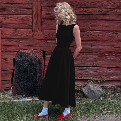 Load image into Gallery viewer, Backless A-line Maxi Dress For Women Fashion Solid O Neck Sleeveless Long Dress Ladies Gown High Waist Tank Dresses
