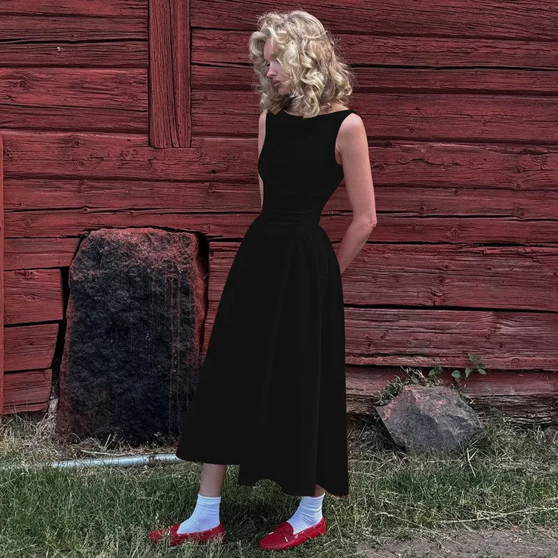 Backless A-line Maxi Dress For Women Fashion Solid O Neck Sleeveless Long Dress Ladies Gown High Waist Tank Dresses