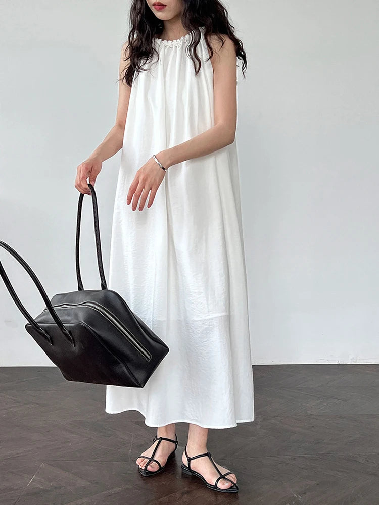 Women White Blue Knot Elegant Big Size Long Vest Dress New Halter Sleeveless Fashion Tide Spring Summer 2025 1DJ1282