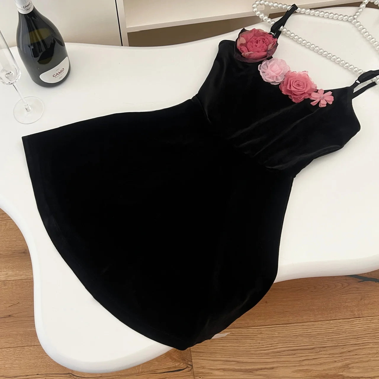 Vintage Black Velvet Flower Elegant Backless Short Dress For Women 2024 Spring Summer Sexy Club Holiday Slip Mini Dress Popular