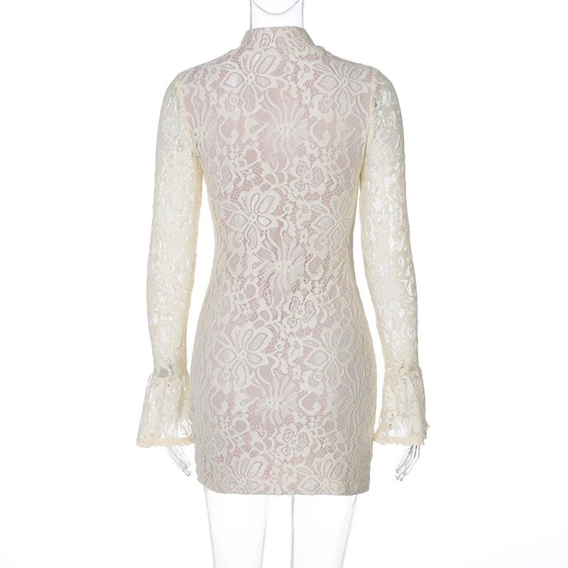 Lace Hollow Out Long Sleeve Sexy Mini Dress For Women Fashion Half High Collar Bodycon Club Party Dress Elegant Dresses