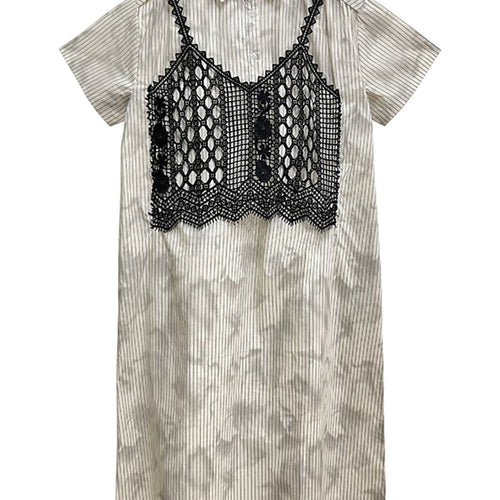 Load image into Gallery viewer, Women Black Striped Lace Spliced Big Size Midi Shirt Dress New Lapel Short Sleeve Fashion Tide Spring Summer 2025 1DJ1257
