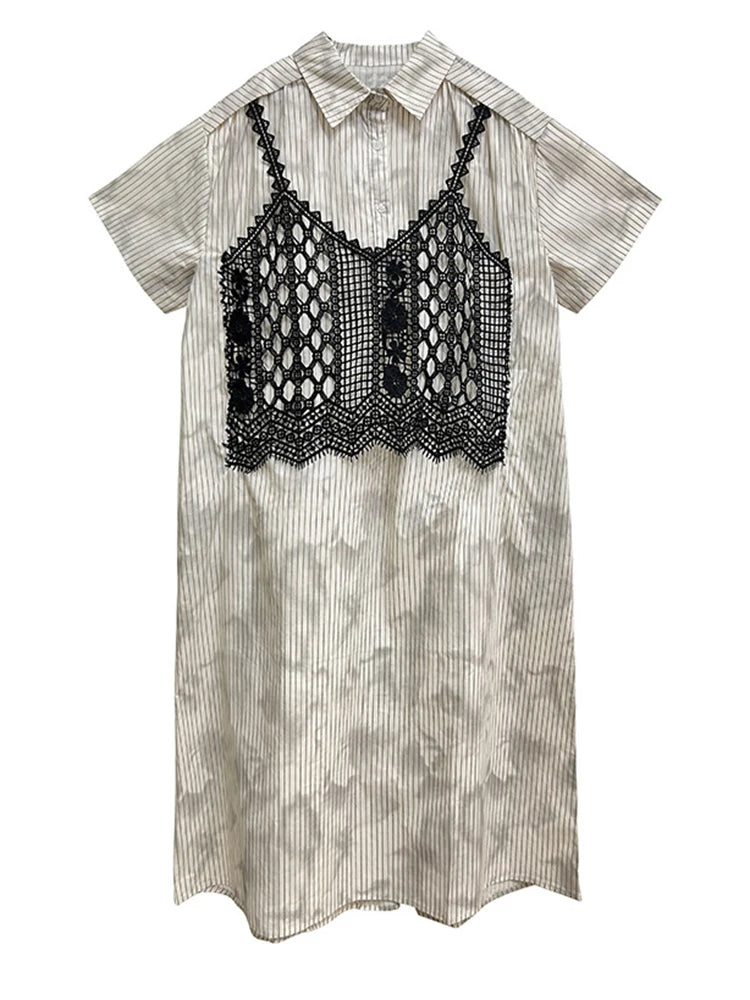 Women Black Striped Lace Spliced Big Size Midi Shirt Dress New Lapel Short Sleeve Fashion Tide Spring Summer 2025 1DJ1257