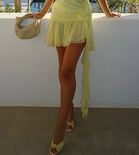 Holiday Style Asymmetric Floral Fringe Cake Skirt With Mesh Women’s Summer Yellow Hottie Mini Outfits Y2K Aesthetics