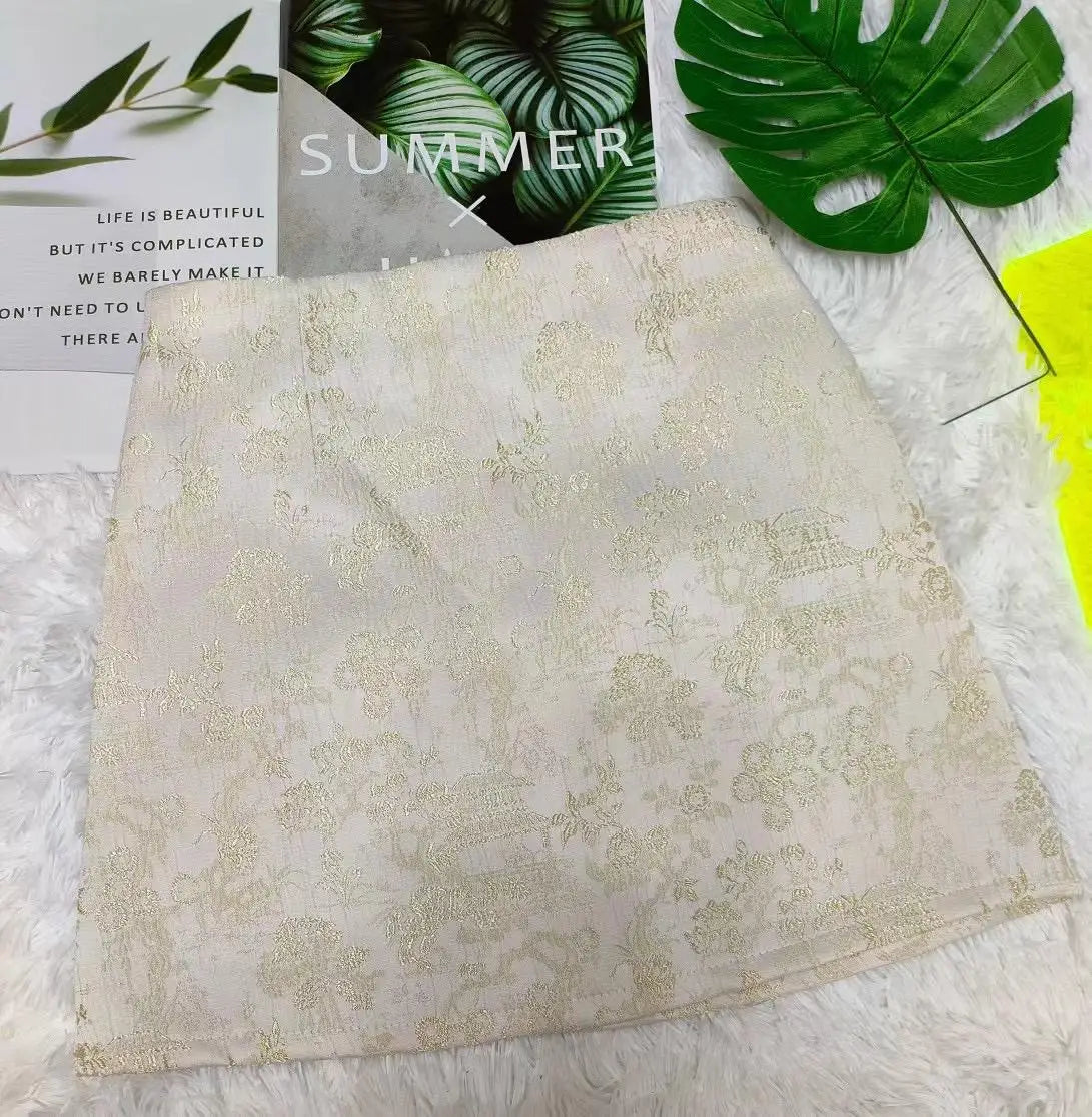 Summer Blue Chinese Jacquard Women's Half Skirts New Fashion Black Wrap Hip Slim High Waist Streetwear Beige Japanese Clothing