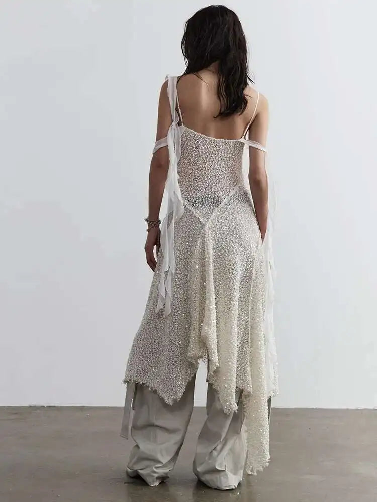 Women Beige Burr Perspective Sequins Irregular Long Spaghetti Strap Dress New Fashion Tide Spring Autumn 2025 1DH4725