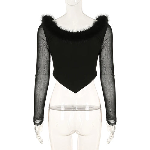 Load image into Gallery viewer, Chic Faux Fur Trim Collar Row Hook T-shirts Women Mesh Sleeve Patchwork Skinny Curve Hem Cropped Tops Streetwear New
