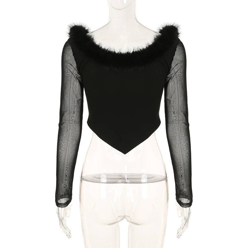 Chic Faux Fur Trim Collar Row Hook T-shirts Women Mesh Sleeve Patchwork Skinny Curve Hem Cropped Tops Streetwear New