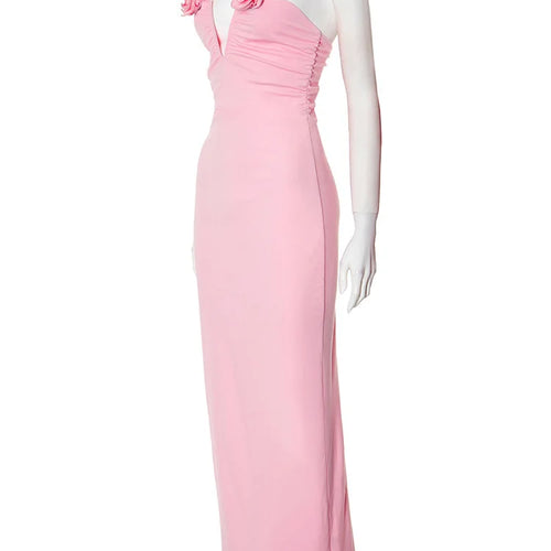 Load image into Gallery viewer, Rose Strapless Sexy Maxi Dress Women Pink Gown Off-shoulder V Neck Backless Sleeveless Bodycon Beach Club Long Dress
