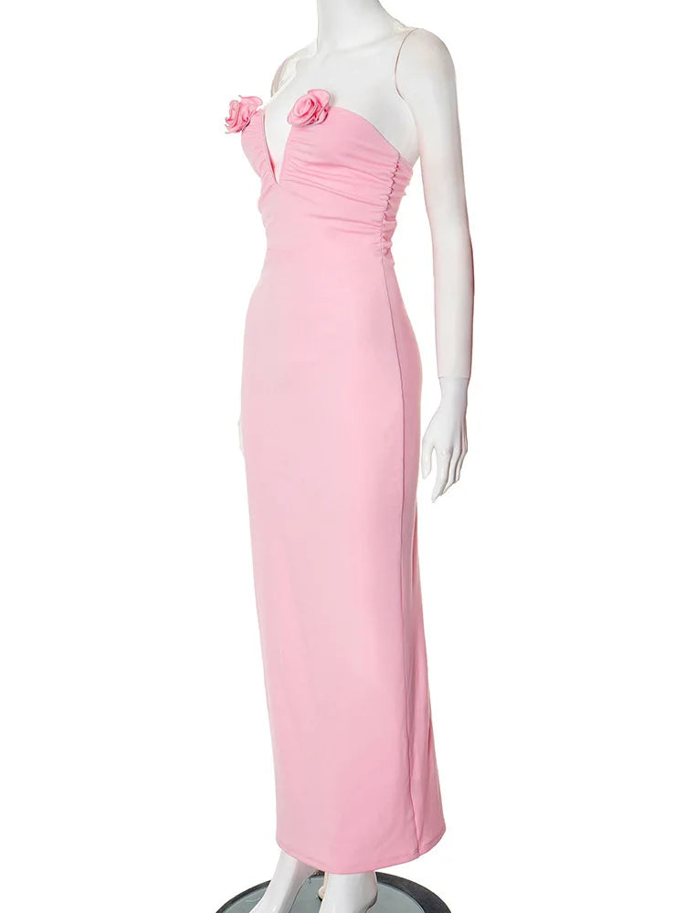 Rose Strapless Sexy Maxi Dress Women Pink Gown Off-shoulder V Neck Backless Sleeveless Bodycon Beach Club Long Dress