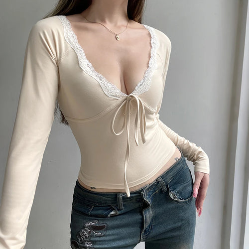 Load image into Gallery viewer, Fashion Lace Patchwork Deep V-Neck T-shirt For Women Tie-Up Decorate Fall Spring Cropped Tops 2000s Popular Clothes
