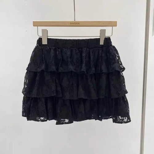 Load image into Gallery viewer, Vintage Sweet Beige Kawaii Fluffy Short Skirt Women Black Elegant High Waist A-line Lace Cake Mini Skirts Summer Trend Romantic
