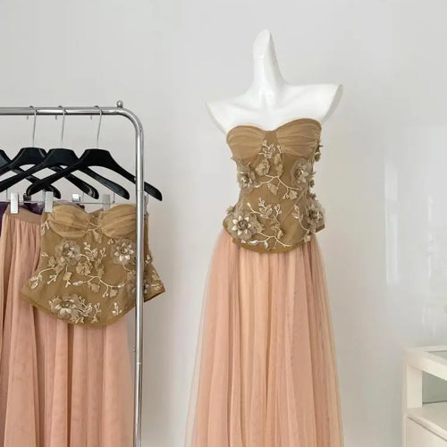 Load image into Gallery viewer, Summer French 2025 Women Purple Flower Embroidery Elegant Backless Strapless Tops And High Waist Mesh Long Skirt Two Piece Sets
