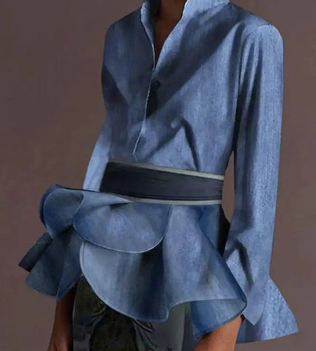 Women‘s Vintage Blue Blouses 2024 Autumn Buttoned Ruffled Lapel with Belted Class Long Sleeves Shirts Tops for Women
