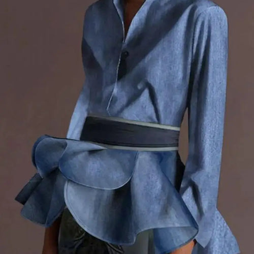 Load image into Gallery viewer, Women‘s Vintage Blue Blouses 2024 Autumn Buttoned Ruffled Lapel with Belted Class Long Sleeves Shirts Tops for Women
