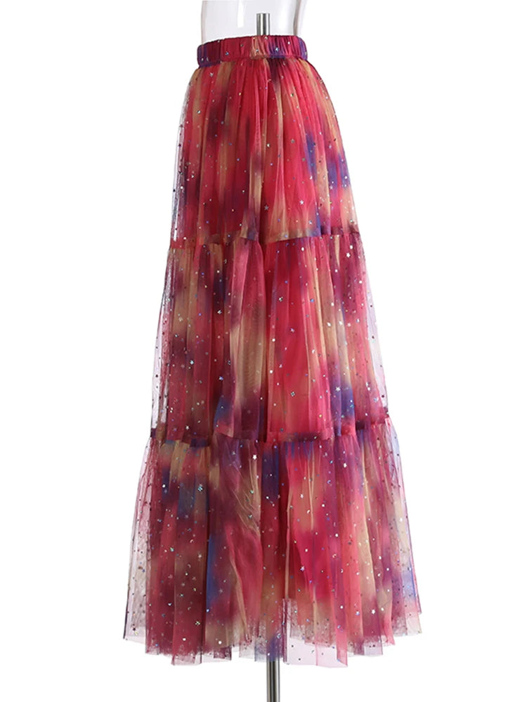 High Elastic Waist Red Gradual Color Sequins Ball Gown Half-body Skirt Women Fashion Tide New Spring Autumn 2025 1DJ1273