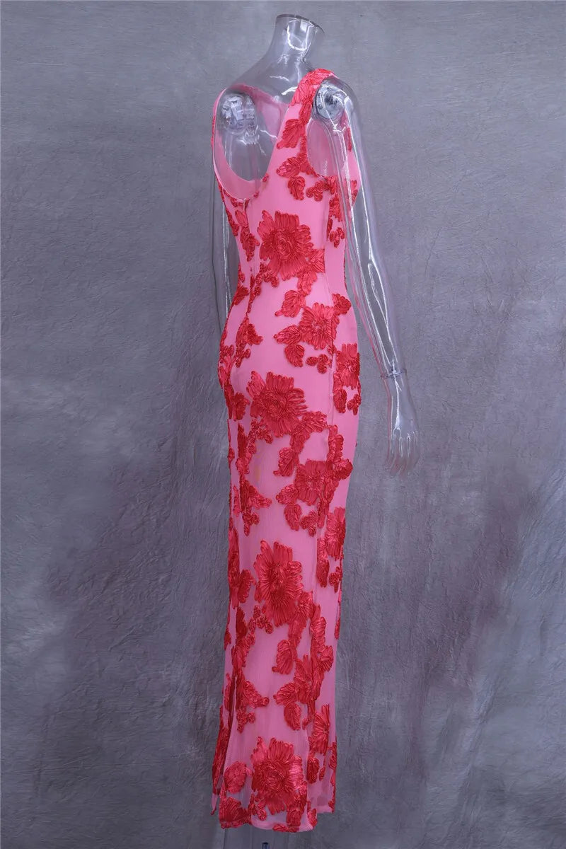 Elegant Floral Print Sexy Maxi Dress For Women Embroidered Applique Tank Dress Femme Bodycon Club Party Long Dress