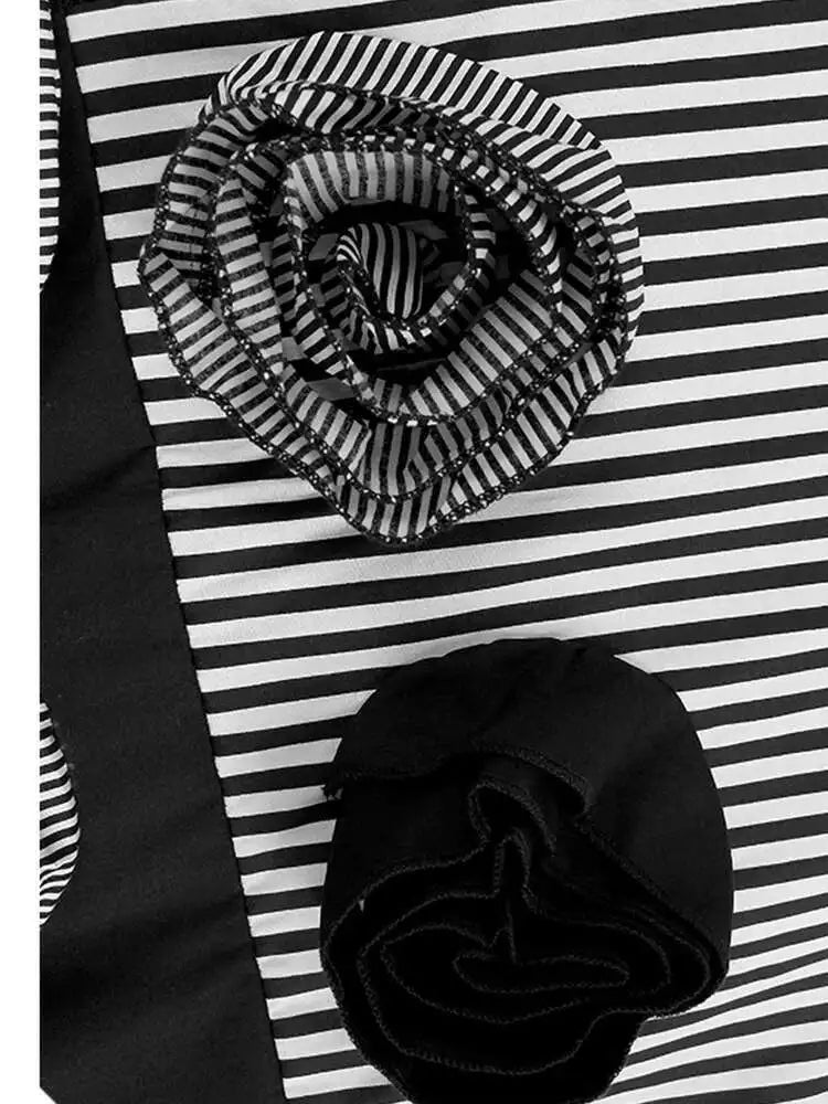 Women Black Striped Dot Flower Big Size T-shirt New Round Neck Short Sleeve Fashion Tide Spring Summer 2025 1DH4878