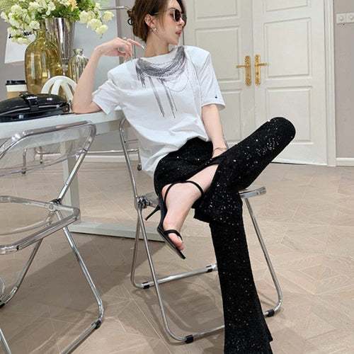 Load image into Gallery viewer, Patchwork Sequins Pants For Women High Waist Slim Split Hem Flare Pant Spring Female Style Fashion Clothing
