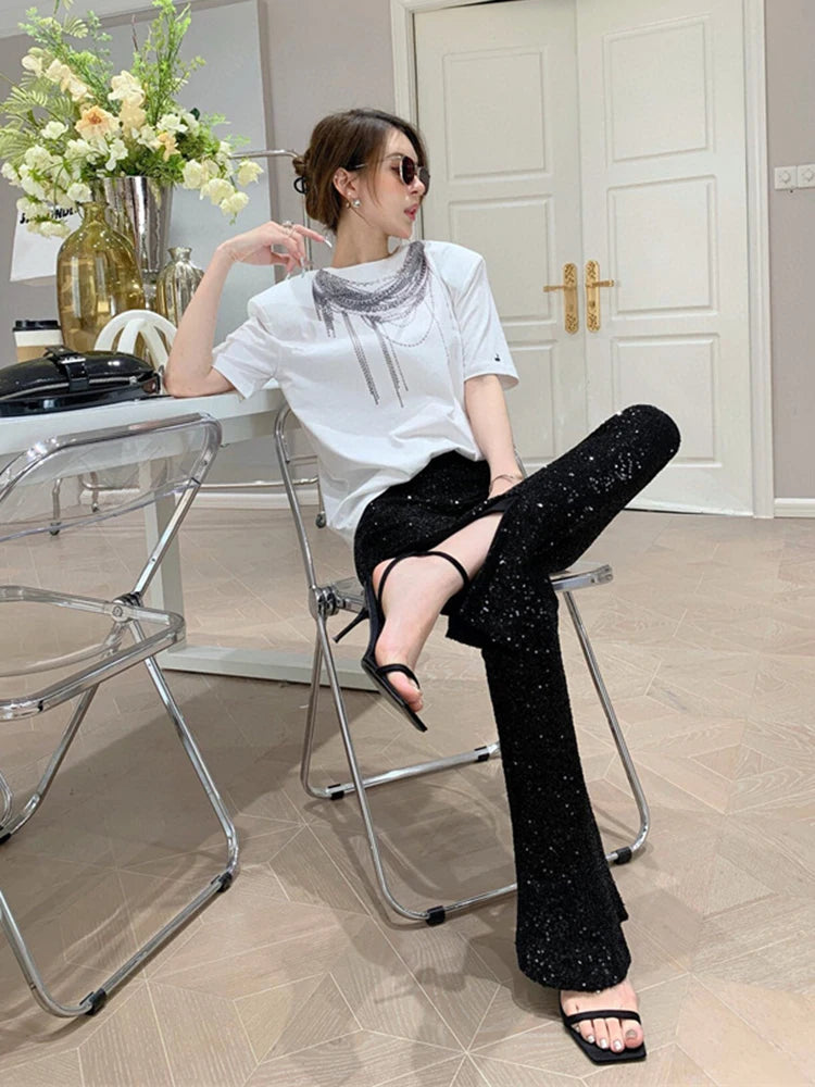 Patchwork Sequins Pants For Women High Waist Slim Split Hem Flare Pant Spring Female Style Fashion Clothing