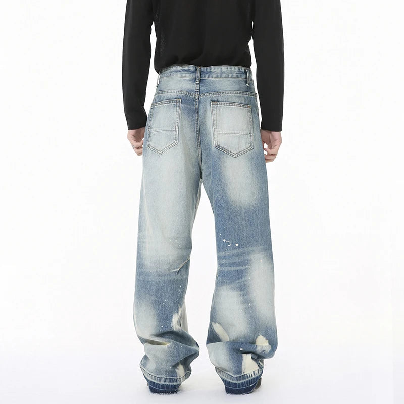 Niche Design Men's Denim Trousers Splash-ink Contrast Color Mill White Raw Edge Baggy Male Straight Leg Jeans Chic 9W1268