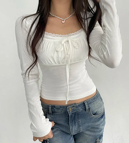 Korean White Lace Patched Female T-shirt Slim Basic Sweet Folds Autumn Tee Cute Top Coquette Clothes Front Tie-Up Y2K
