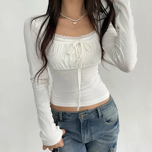 Load image into Gallery viewer, Korean White Lace Patched Female T-shirt Slim Basic Sweet Folds Autumn Tee Cute Top Coquette Clothes Front Tie-Up Y2K
