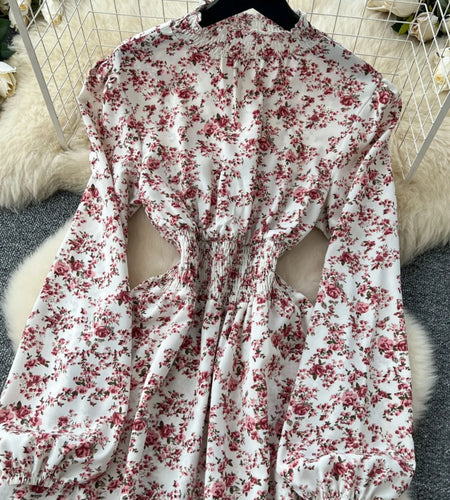 Vintage Women Elegant Pink Floral High Waist Birthday Party Dress French Long Sleeve Vacation Dress 2025 Spring Autumn Bohemian
