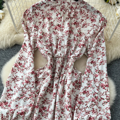 Load image into Gallery viewer, Vintage Women Elegant Pink Floral High Waist Birthday Party Dress French Long Sleeve Vacation Dress 2025 Spring Autumn Bohemian
