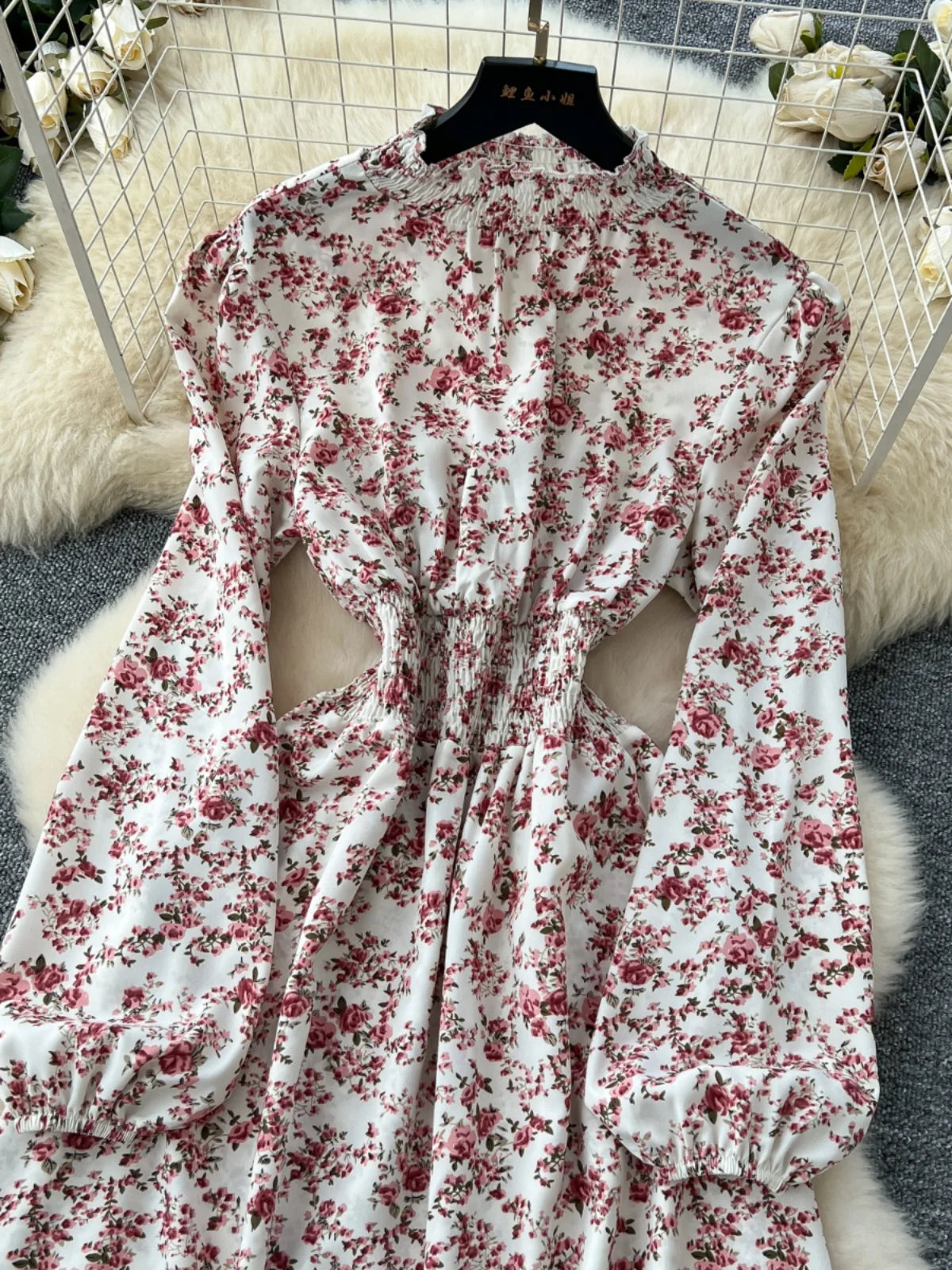 Vintage Women Elegant Pink Floral High Waist Birthday Party Dress French Long Sleeve Vacation Dress 2025 Spring Autumn Bohemian